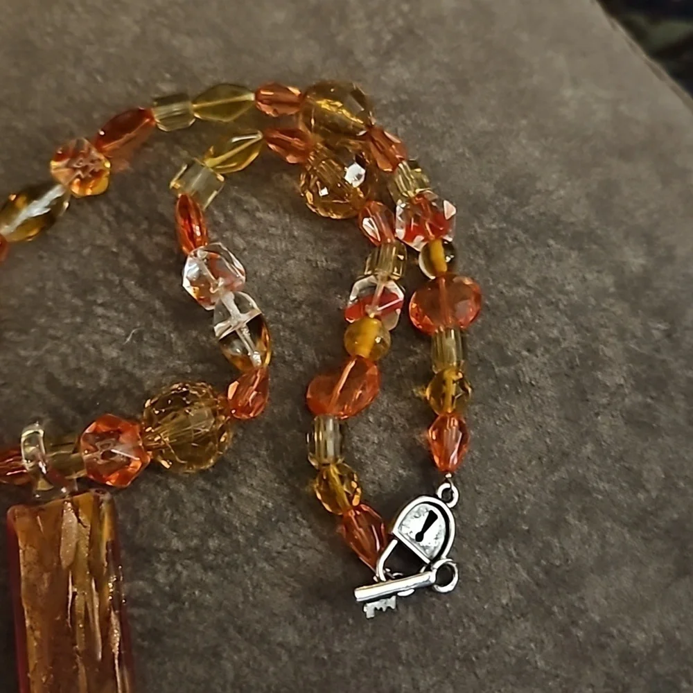 HANDMADE Orange Dichroic Glass Pendant Beaded Necklace